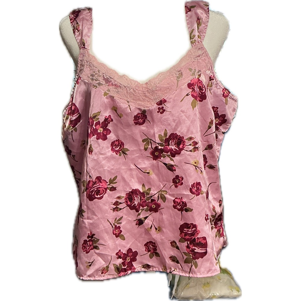 Y2K Pink Floral Satin Lace Trim Beaded Camisole Romantic Coquette L